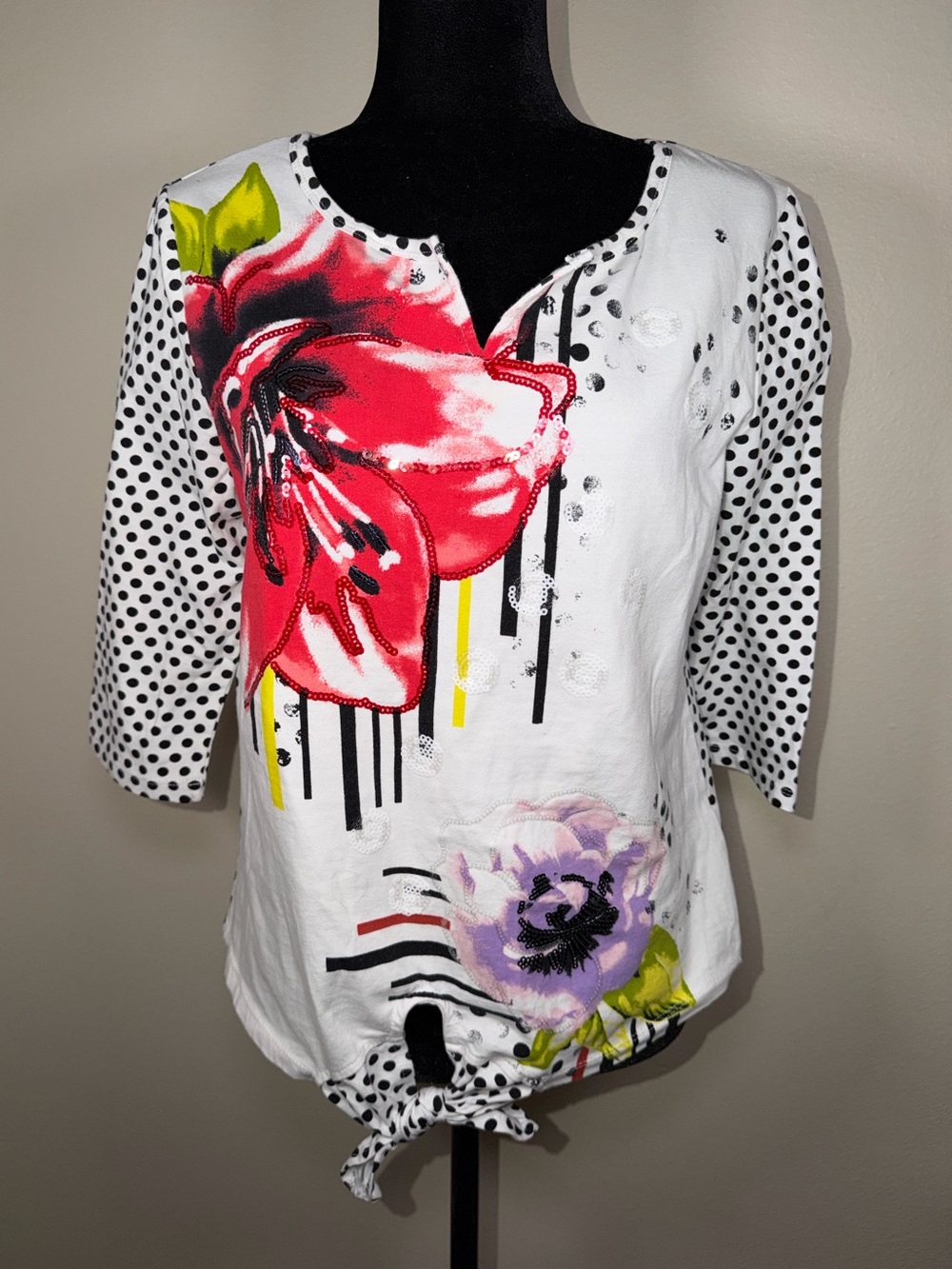 Y2K Onque Casual Polka Dot Floral Abstract Sequin 3/4 Sleeve Top Graffiti Funky